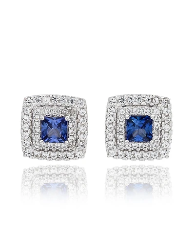 Suzy Levian Sterling Silver Square Cut Sapphire & Created White Double Halo Stud Earrings