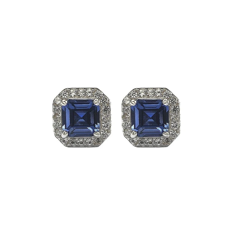 Suzy Levian Sterling Silver Sapphire & Created White Asscher Cut Halo Stud Earrings