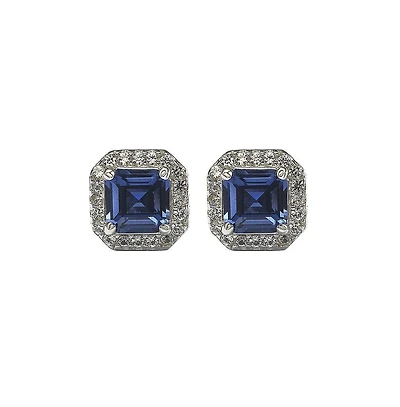 Suzy Levian Sterling Silver Sapphire & Created White Asscher Cut Halo Stud Earrings