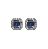 Suzy Levian Sterling Silver Sapphire & Created White Asscher Cut Halo Stud Earrings