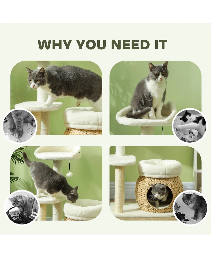 PawHut 31" Cat Tree Tower with Scratching Posts, Cat Condo, Beds & Toy Ball