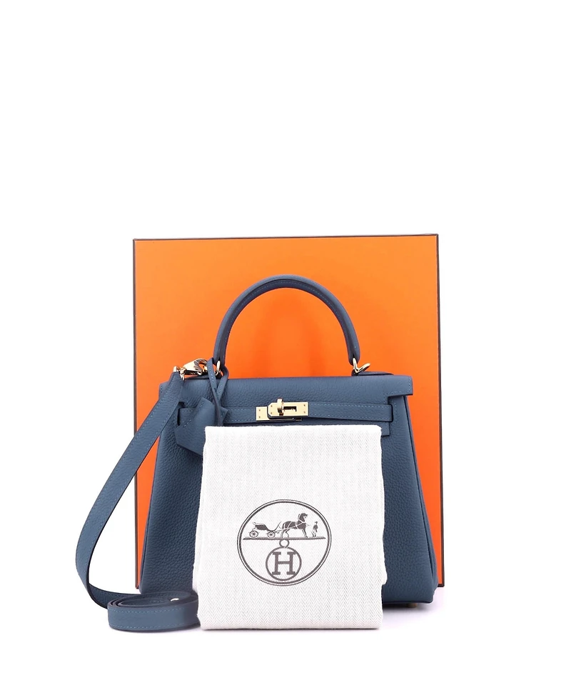 Pre-Owned Hermes Kelly 25 Handbag Blue Togo with Permabrass Hardware
