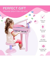 Kids Piano Keyboard Drum Set with Sounds, Microphone, Light, Stool