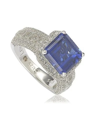 Suzy Levian Sterling Silver Sapphire Created White Sapphire Emerald Cut Ring