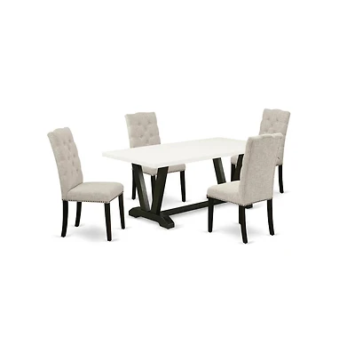 East West Furniture 5-Pc rectangular Dinette Set Included 4 Dining chairs Upholstered Seat and High Button Tufted Chair Back and Rectangular Mid Centu