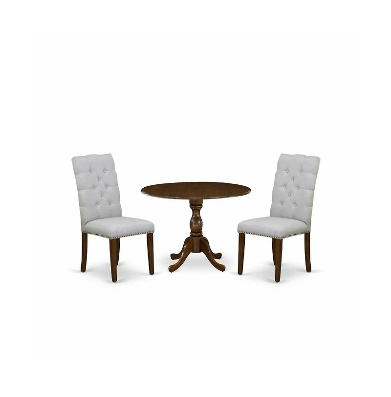 East West Furniture 3 Piece Dinette Sets Contains 1 Drop Leaves Modern Kitchen Table and 2 Grey Linen Fabric Parsons Chair Button Tufted Back with Nai