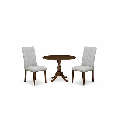 East West Furniture 3 Piece Dinette Sets Contains 1 Drop Leaves Modern Kitchen Table and 2 Grey Linen Fabric Parsons Chair Button Tufted Back with Nai