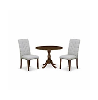 East West Furniture 3 Piece Dinette Sets Contains 1 Drop Leaves Modern Kitchen Table and 2 Grey Linen Fabric Parsons Chair Button Tufted Back with Nai