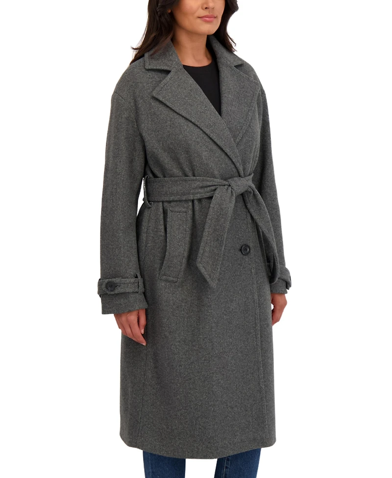 Sebby Collection Women's Long Belted Oversized Double Breasted Faux Wool Coat