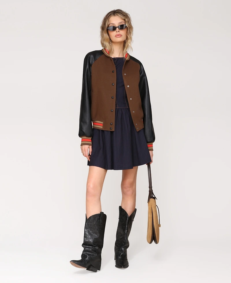 Avec Les Filles Women's Combo Sleeve and Roll Collar Varsity Bomber Jacket
