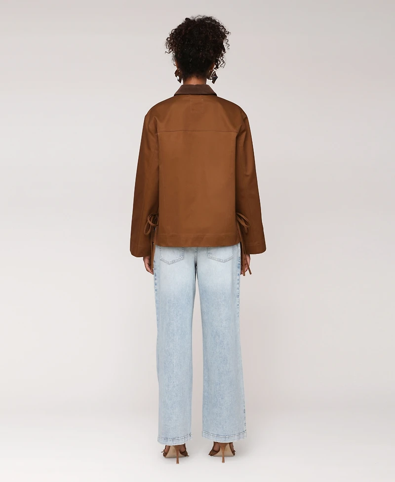 Avec Les Filles Women's Oversized Chore Big Patch Pockets and Bows Jacket