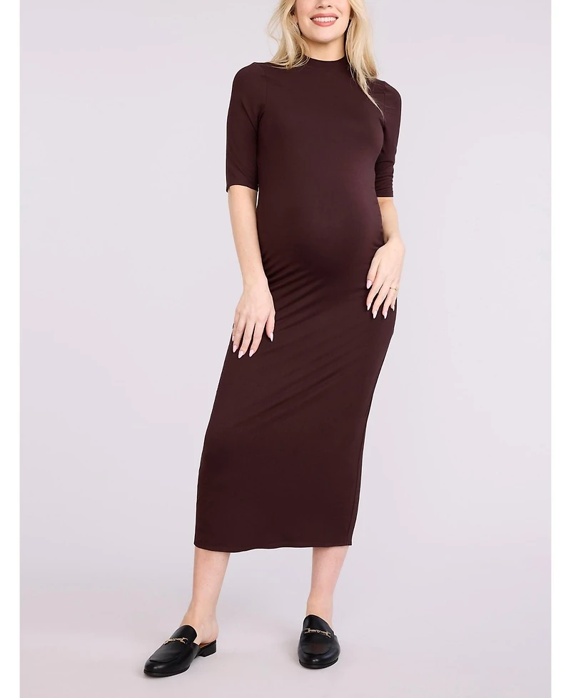 Motherhood Maternity Women's Mock Neck 3/4 Sleeve Ribbed Maxi Dress