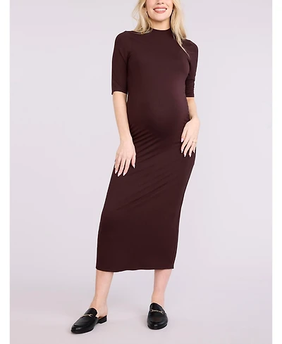 Motherhood Maternity Women's Mock Neck 3/4 Sleeve Ribbed Maxi Dress