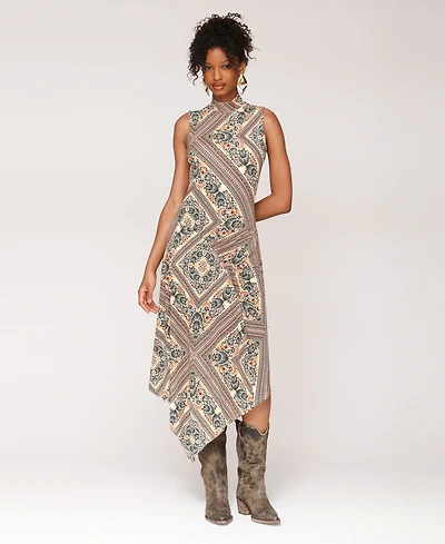 Avec Les Filles Women's Printed Jersey Sleeveless Turtle Neck Midi Dress