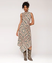 Avec Les Filles Women's Printed Jersey Sleeveless Turtle Neck Midi Dress