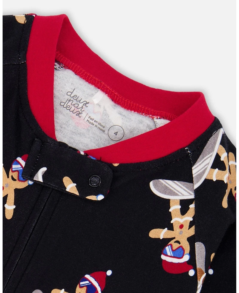 Deux par Boy Cotton Interlock One-Piece Pajama Black Cookie Print