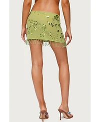 Edikted Women's Sheer Sequin Bead Fringed Mini Skirt