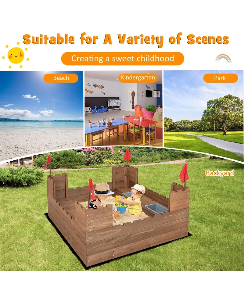 Kids Wooden Sandbox with Bottom Liner and Red Flags