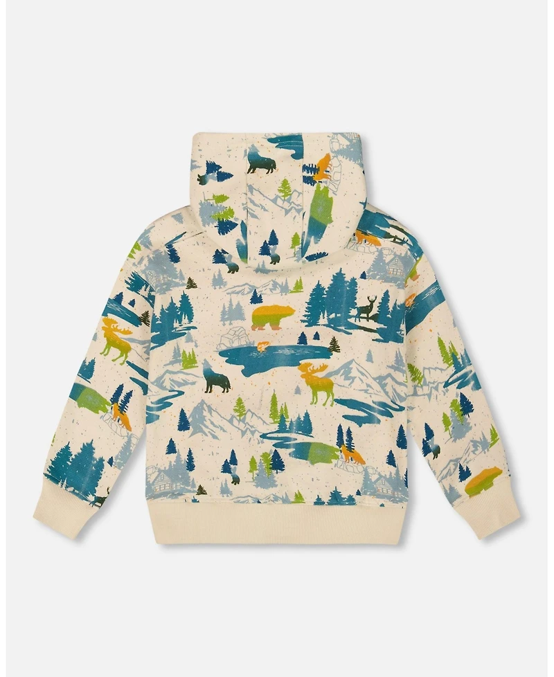 Deux par Boy Printed Hooded Fleece Sweatshirt Beige - Toddler|Child