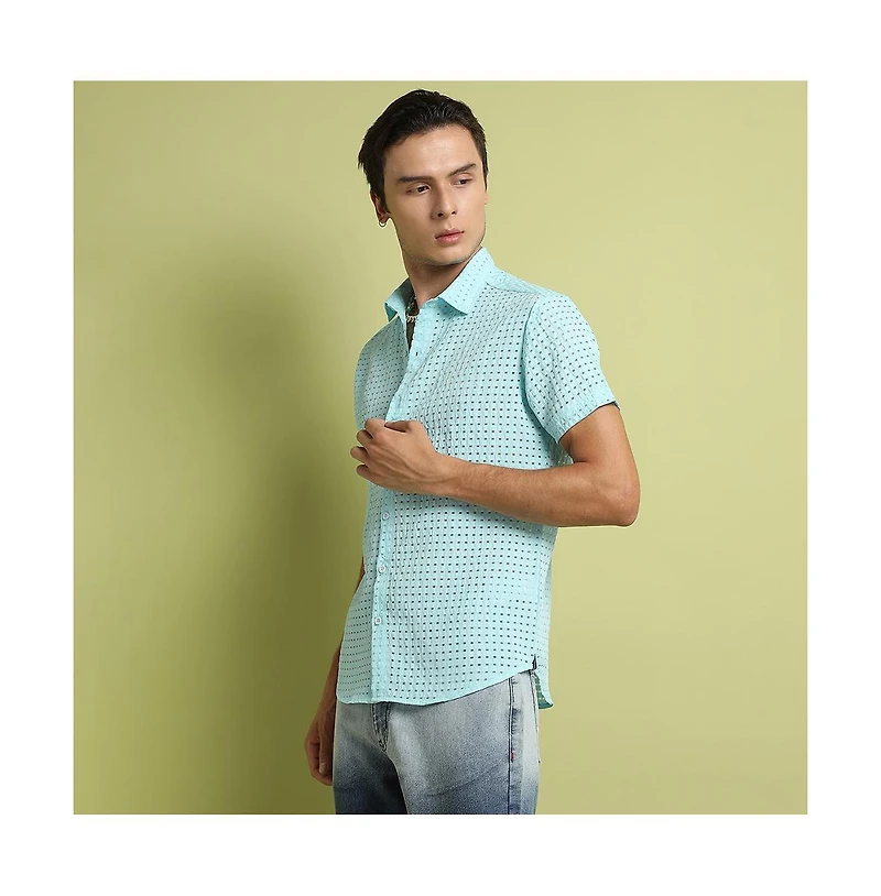 Campus Sutra Men's Light Blue See-Through Square Shirt