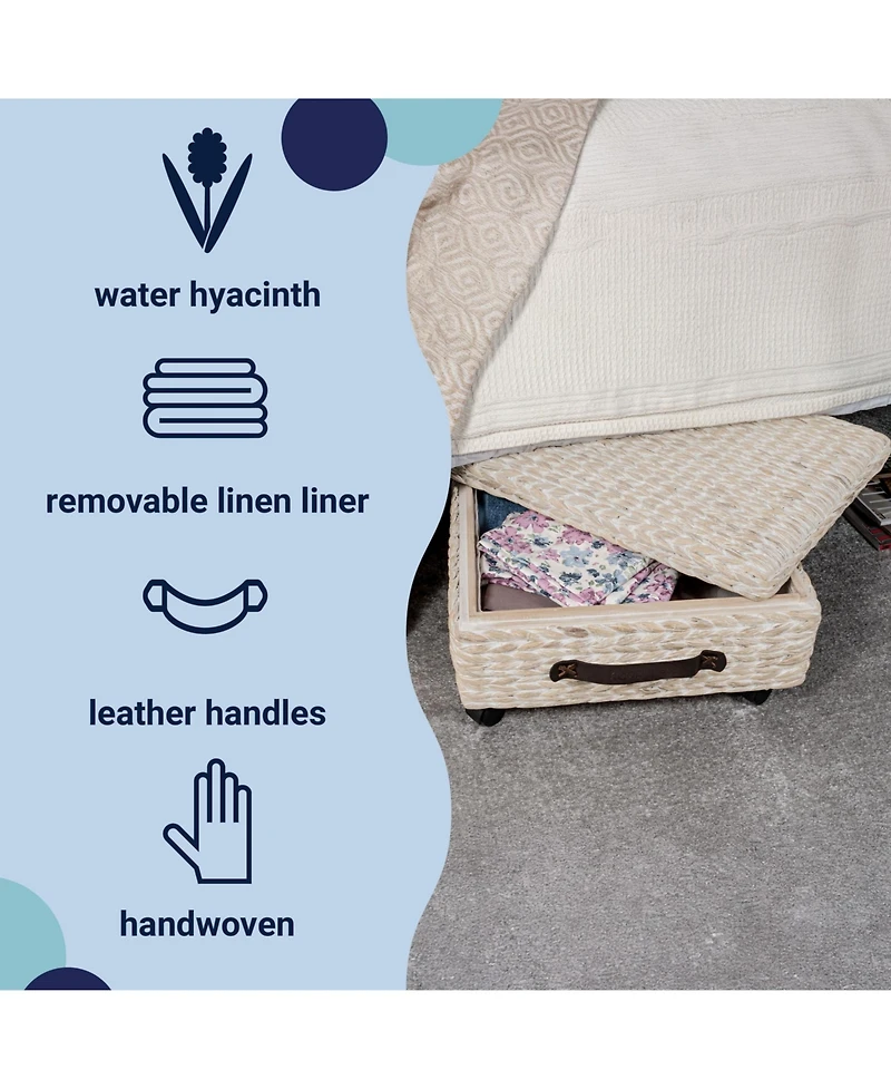 Happimess Chett 26.38" Minimalist Hand-Woven Hyacinth/Wood Underbed Storage Bin with Wheels and Handles