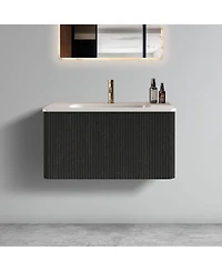 Casainc Etna 24" Wall-Mounted Vanity With Ceramic Sink and Striped Wood Grain, No Drain