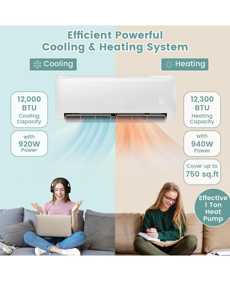 Gymax 12000 Btu Mini Split Air Conditioner 21 SEER2 Ac Unit w/ Heat Pump & Remote Control