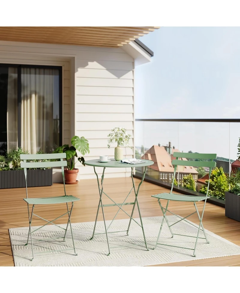 gaomon 3 Pieces Green Patio Bistro Set, Folding Table & Chairs, Metal Frame, Weather Resistant, Space Saving for Indoor & Outdoor