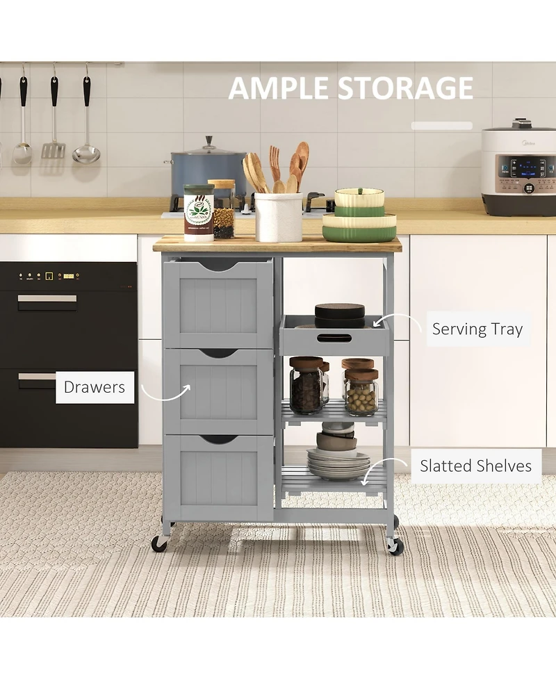 Homcom Rolling Kitchen Island Cart, Bar Serving Cart with Drawers,