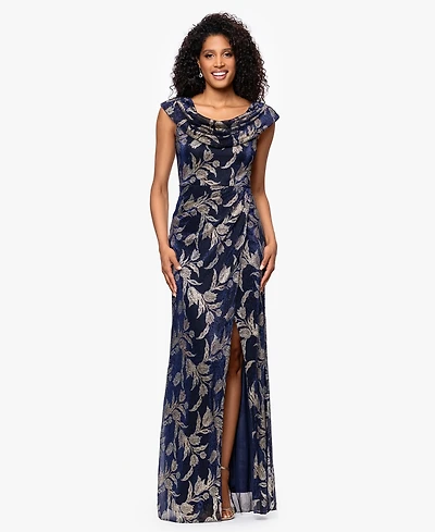 Betsy & Adam Women's Long Foil Crinkle Cowl Neck Dress