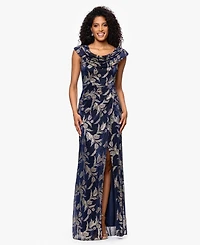 Betsy & Adam Women's Long Foil Crinkle Cowl Neck Dress
