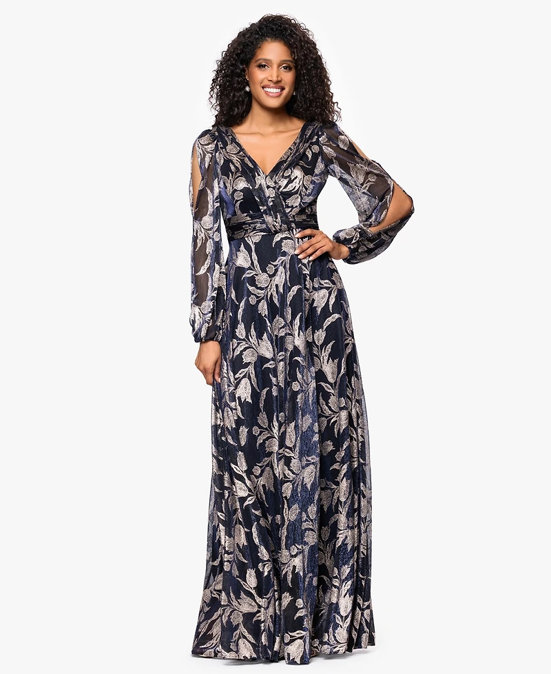 Betsy & Adam Women's Long Sleeve Metallic Crinkle Pattern Dress