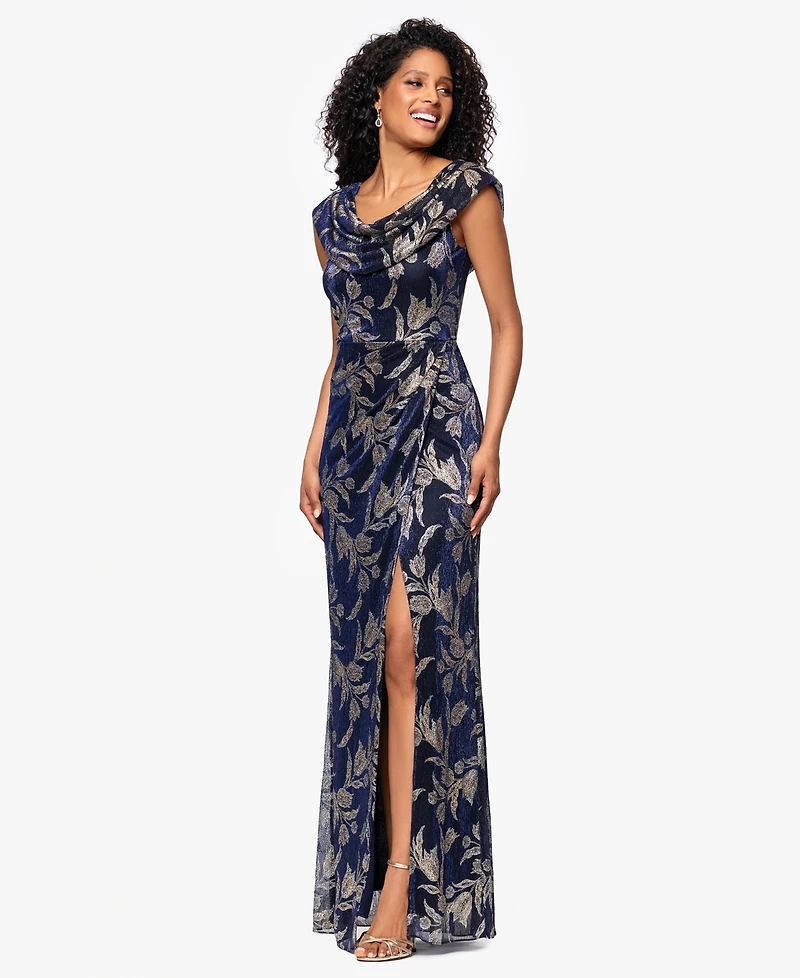 Betsy & Adam Women's Long Foil Crinkle Cowl Neck Dress