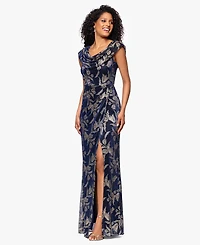 Betsy & Adam Women's Long Foil Crinkle Cowl Neck Dress