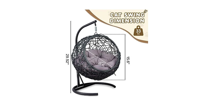 Cat Swing Bed with Stand and Cushion Indoor Outdoor Hammock for Cats and Small Pets