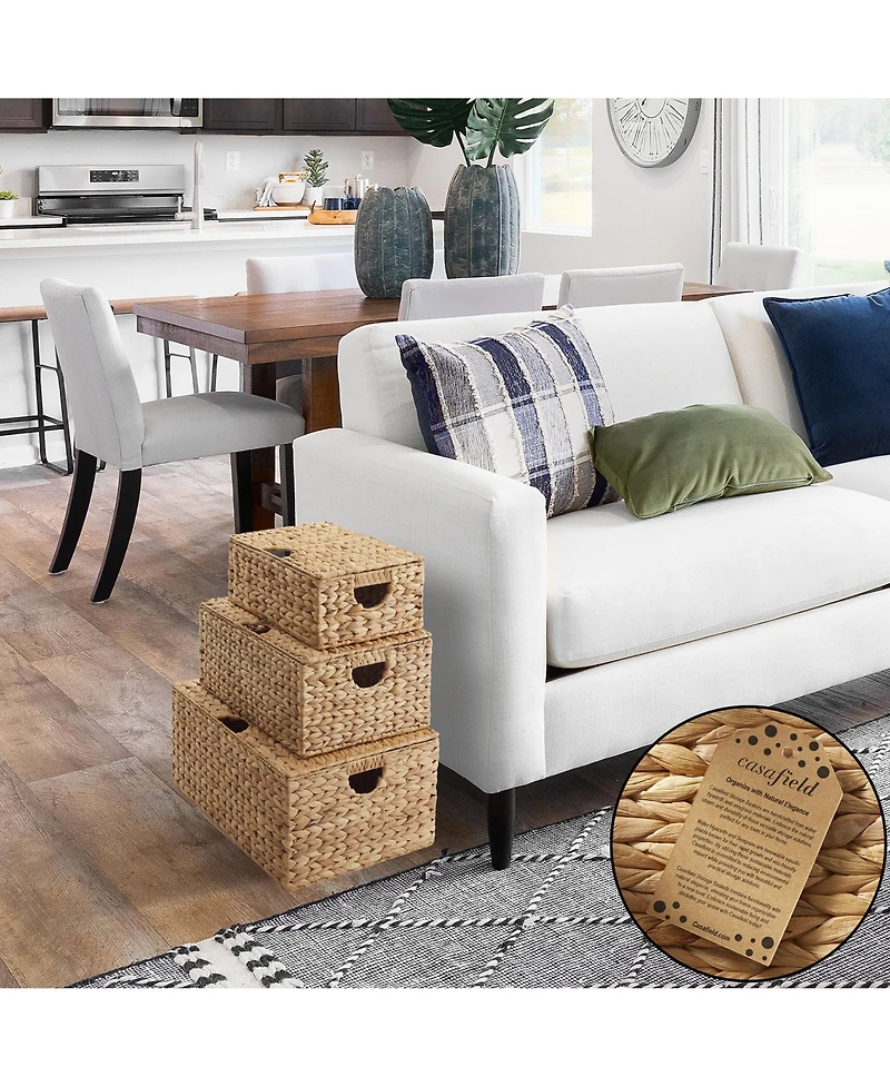 Casafield Set of Water Hyacinth Storage Baskets (Medium/Large), Multipurpose Organizer Rectangular Totes with Removable Lids