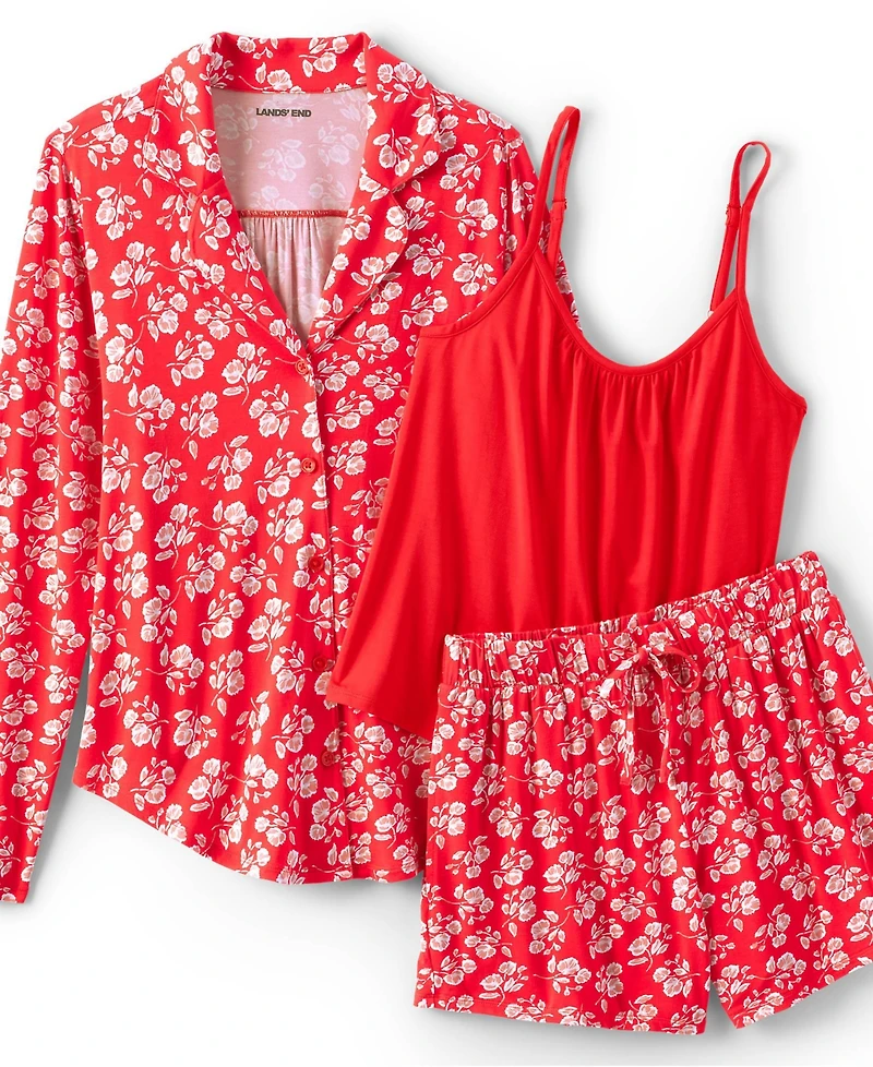 Lands' End Women's Cooling 3 Piece Pajama Set - Long Sleeve Top Cami and Shorts