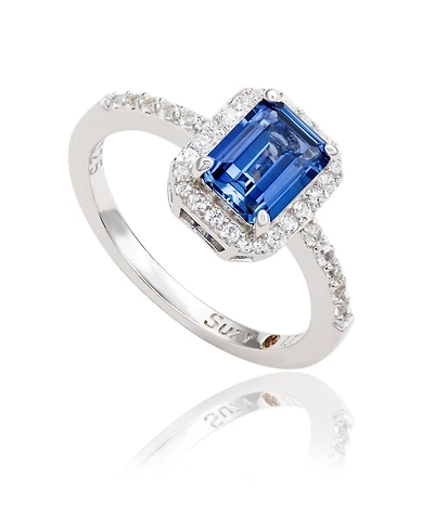 Suzy Levian Sterling Silver Emerald Cut Sapphire & Created White Halo Ring