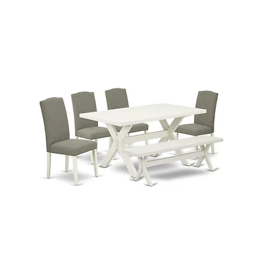 East West Furniture 6-Piece Dining room Table Set-Dark Shitake Linen Fabric Seat and Stylish Chair Back Dining chairs, a Rectangular Bench and Rectang