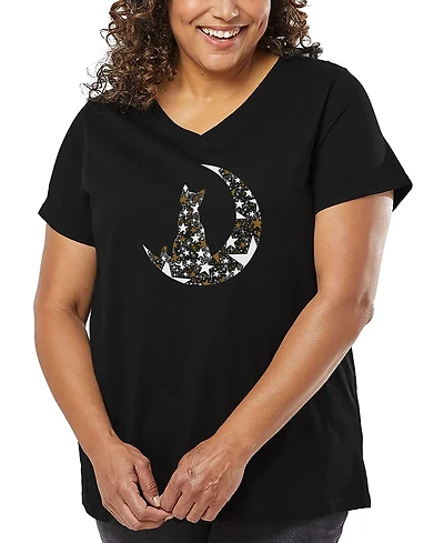 La Pop Art Plus Cat Sitting On Moon Word V-Neck T-Shirt