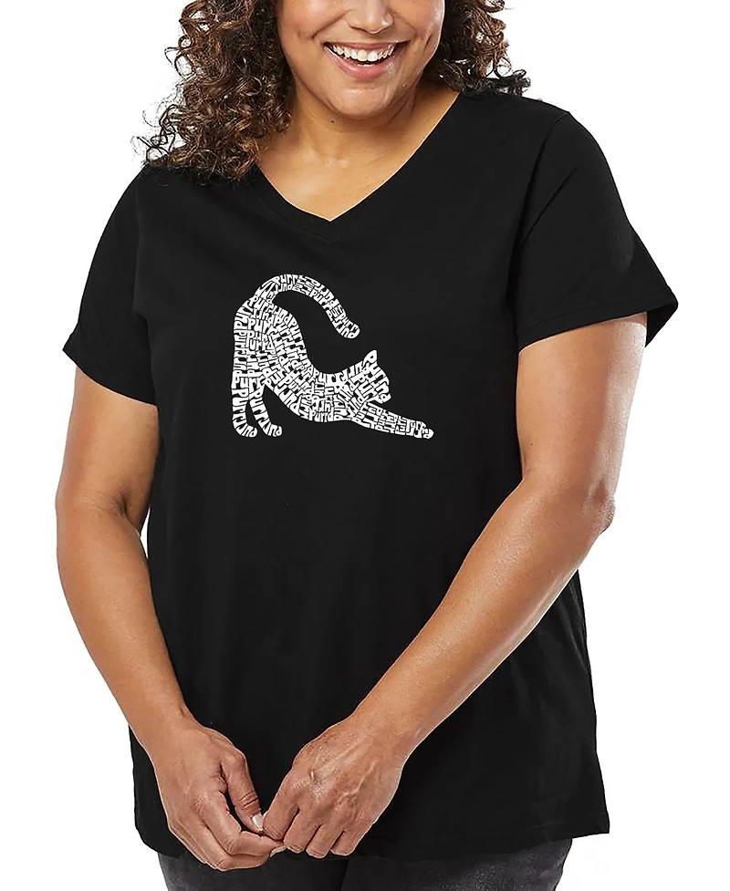 La Pop Art Plus Stretching Cat Word V-Neck T-Shirt