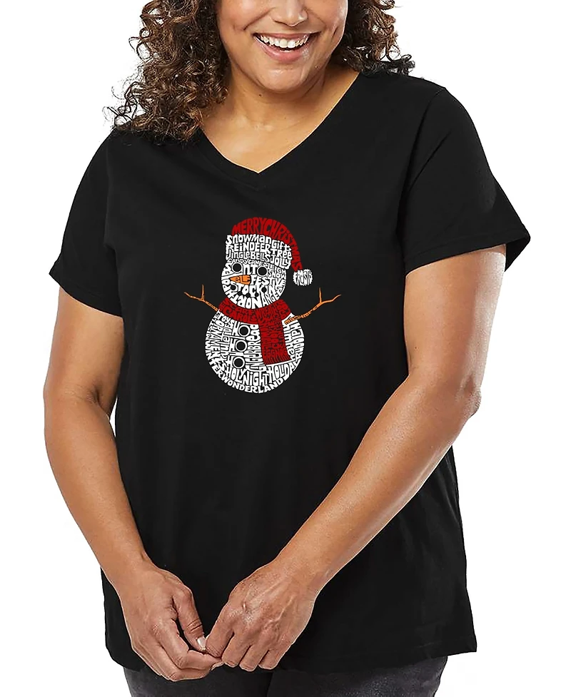 La Pop Art Plus Christmas Snowman Word V-Neck T-Shirt