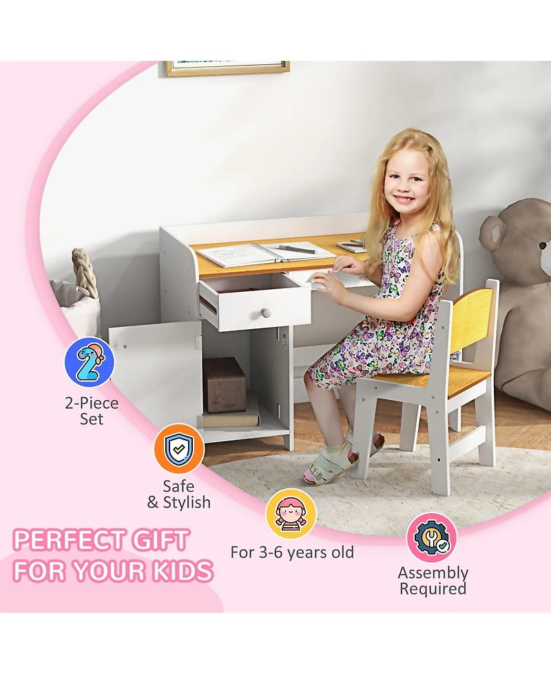Qaba Kids Desk and Chair Set with Storage Drawer, Study Desk with Chair for Children for Arts & Crafts, Snack Time, Homeschooling, Homework, White