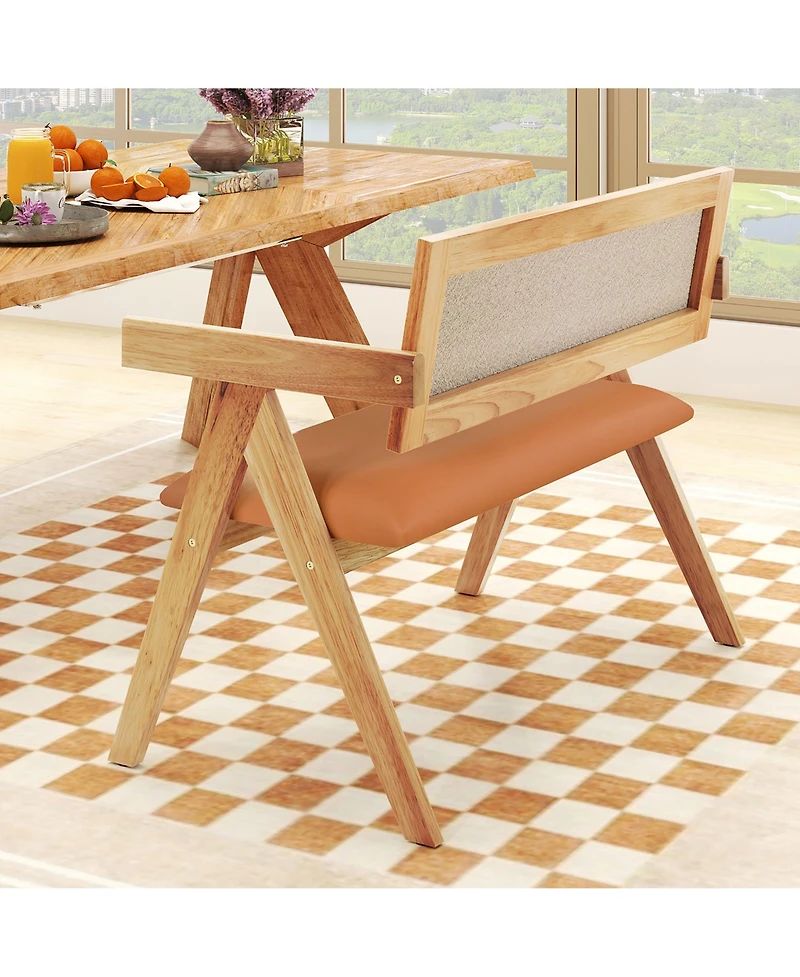 Gymax Rubber Wood Dining Bench w/Armrest Sherpa Upholstered Backrest Soft-padded Seat