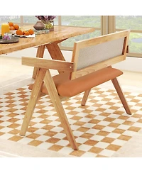 Gymax Rubber Wood Dining Bench w/Armrest Sherpa Upholstered Backrest Soft-padded Seat