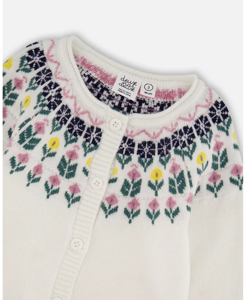Deux par Girl Jacquard Knit Cardigan Off-White with Floral Pattern