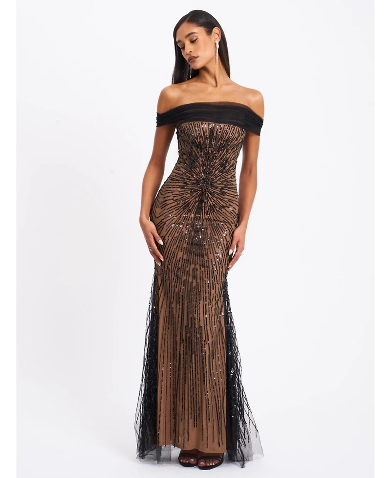 Miss Circle Women's Qeturah Embroidered Sequin Off Shoulder Mesh Gown