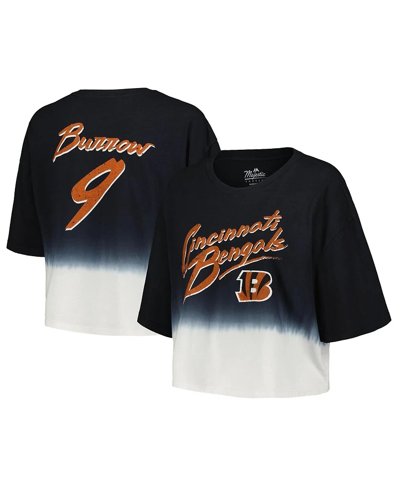 Majestic Women's Joe Burrow Black/White Cincinnati Bengals Dip-Dye Player Name Number Crop Top