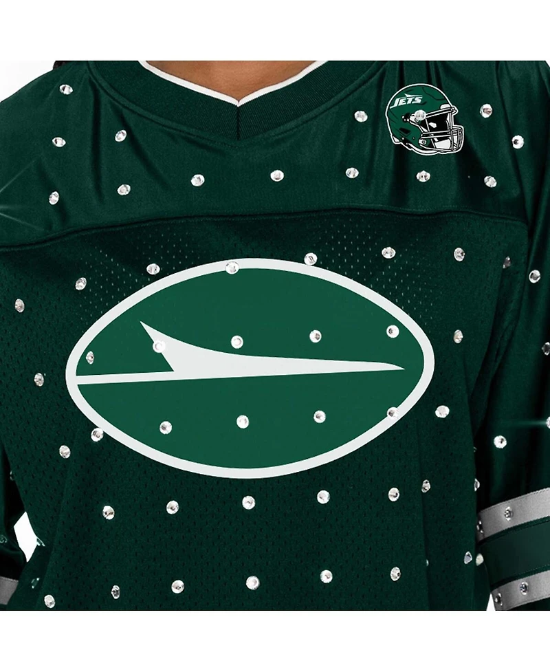 Gameday Couture Women's Green New York Jets Kickoff Time Allover Rhinestone Sports Stripe Jersey V-Neck T-Shirt