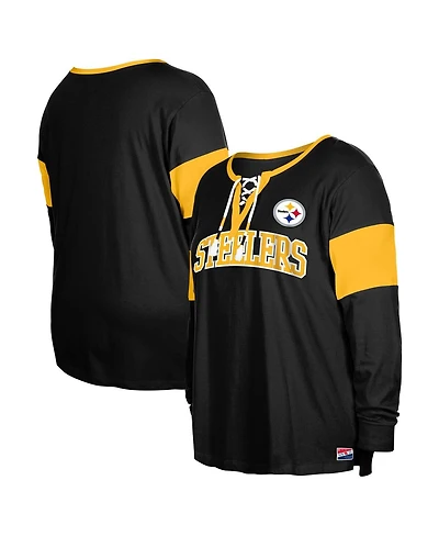 New Era Women's Black Pittsburgh Steelers Plus Lace-Up Notch Neck Long Sleeve T-Shirt